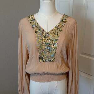 Anthropologie Maeve Kristie Sequined Peasant Blouse XXS Boho Balloon Sleeve